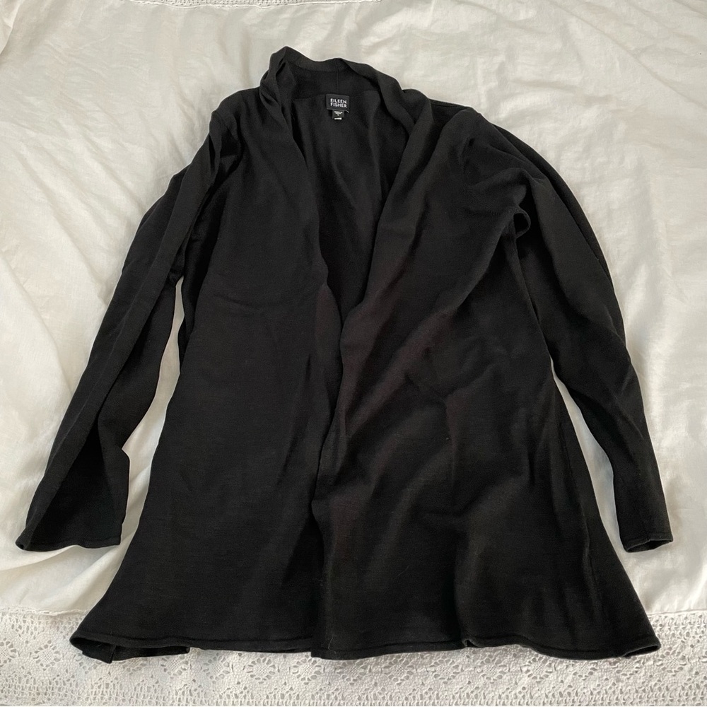 Eileen Fisher LARGE Black Open Front Long Cardigan Women's silk blend